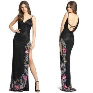Mac Duggal Floral Slit Fully Beaded V Neck Gown Maxi Dress 5238 Black Size 2 NWT